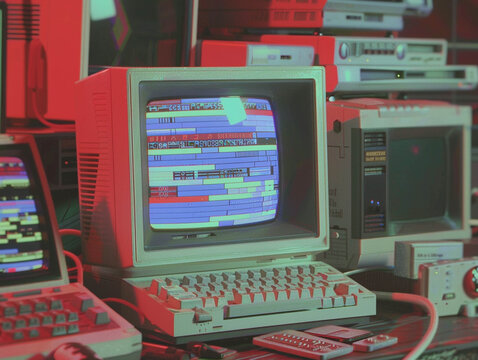 Retro Computer Workstation with CRT Monitor and Glitched Digital Display