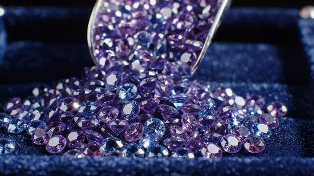 Sparkling purple amethyst gemstones pouring from silver scoop onto luxury velvet tray jewelry sparkle