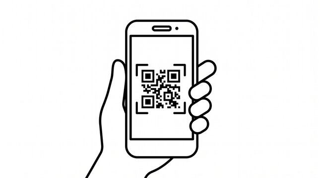 Line art icon of hand holding smartphone scanning QR code
