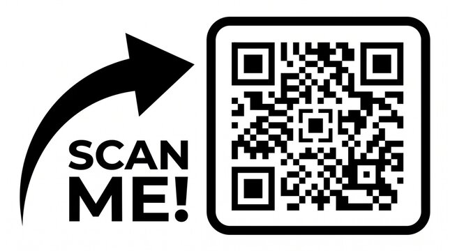 Black QR code with curved arrow and Scan Me text on white background