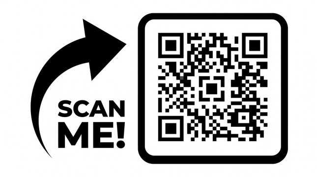Black QR code icon with scan me text and arrow on white background
