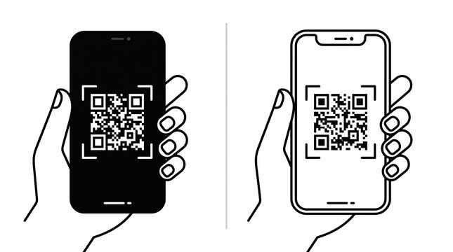 Hand holding smartphone scanning QR code icon in black and white