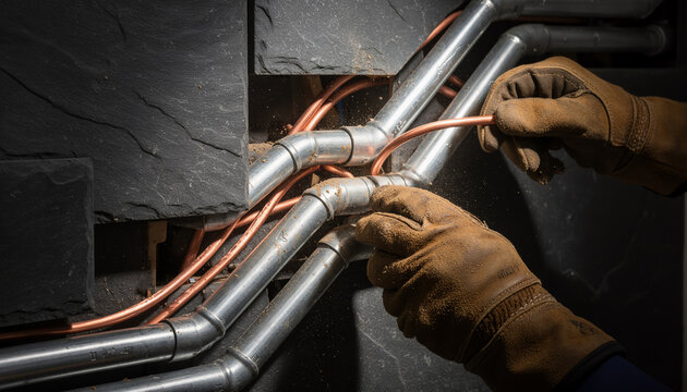 Skilled plumber connecting copper pipes with wrench during heating system installation, close up of hands in work gloves, professional plumbing trade with copy space for text