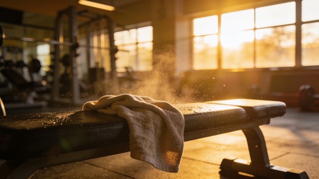 Sweaty gym towel on bench illuminated by golden sunset light with water steam rising in a gym. Post-workout rest and hard work concept.