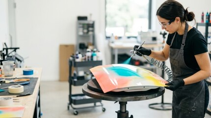 Fototapeta premium Artist airbrushing a vibrant, multi-colored car panel in a bright, modern studio with clean whites and high contrast.