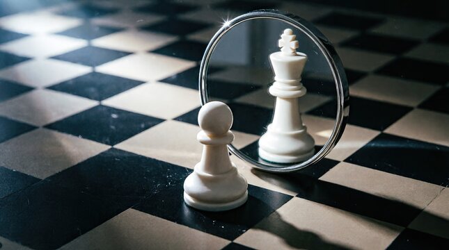 Chess pawn seeing king reflection in mirror