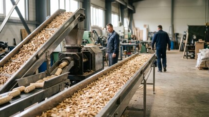 Fototapeta premium Industrial biofuel production: wood chips on conveyor leading to press, workers overseeing process in modern factory