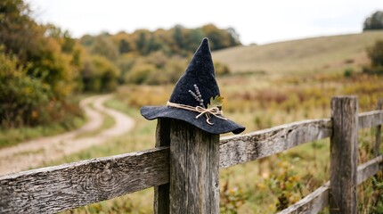 Obraz premium A witch's hat, decorated with dried herbs and autumn leaves, rests on a wooden fence post. AI generated.