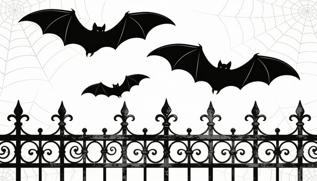 Spooky halloween black bats flying over gothic iron fence silhouette, horror creepy web nocturnal mammals silhouette, dark spooky night fence bat flying graphic, autumn halloween silhouette artwork.