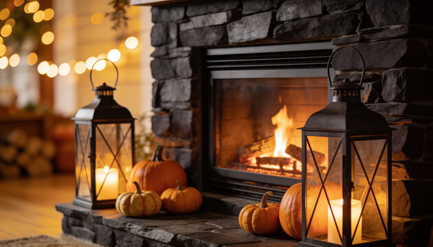Cozy autumn fireplace decor with burning fire, Pumpkins on stone hearth in warm light, Vintage lanterns with candles near fireplace, Festive cozy Thanksgiving interior design setup.