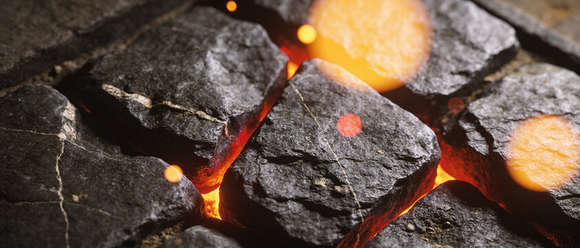 Glowing Charcoal Embers Burning Hearth, Hot Black Coal Fire Texture, Cozy Warm Fireplace Background, Fiery Stone Briquette Heating Element, Burning Charcoal Rocks Surface Material Detail Frame.