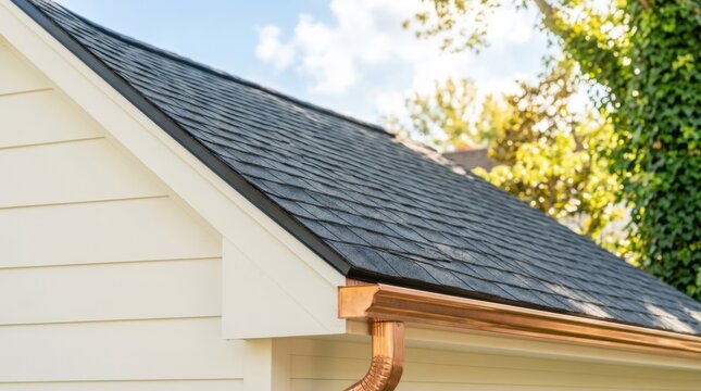Modern asphalt roofing shingles and copper gutter on a suburban house exterior, bright daylight, copy space