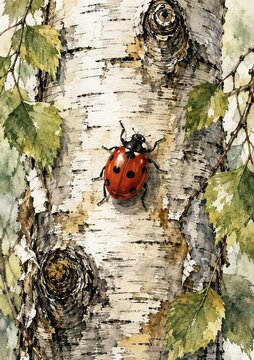 Ladybug on white birch bark with green leaves