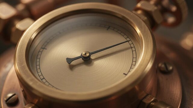 Antique Brass Manometer Needle Fluctuating on Steampunk Device, Macro Shot