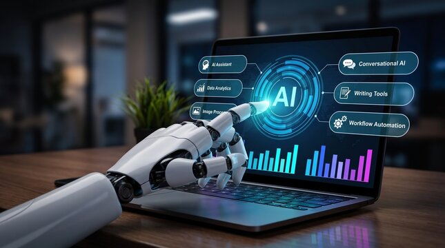 Robotic process automation workflow on laptop interface displaying artificial intelligence software modules and data analytics