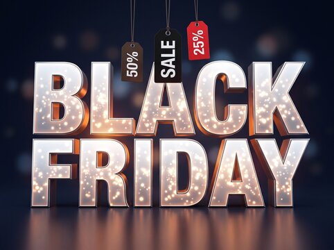 Black friday sale sign with silver metallic 3d letters and hanging price tags with fifty and twenty five percent off discounts on a dark reflective background for retail marketing