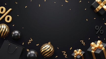 Naklejka premium Black friday sale background with dark gift boxes and gold christmas ornaments with percent signs and confetti for luxury holiday shopping promotion