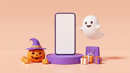 Fototapeta premium Smartphone with blank screen for halloween sale mockup with cute ghost pumpkin and gift boxes on purple podium