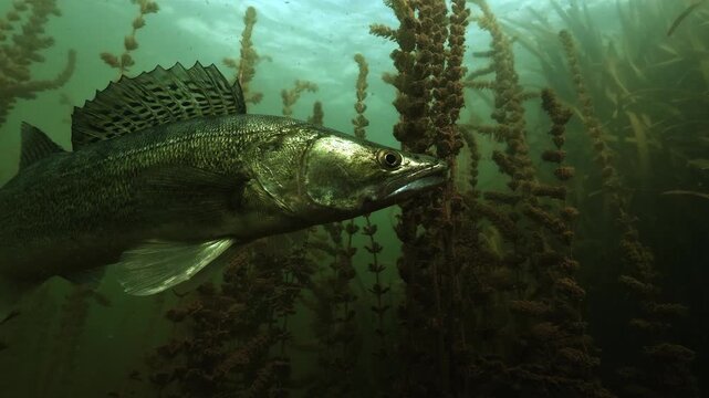 A silver zander, Sander lucioperca, remains motionless among tall aquatic plants in the clear green water of Lake Salagou, France.