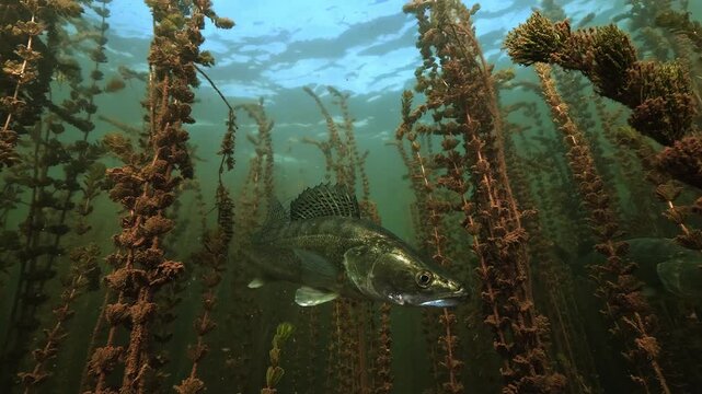 Low-angle view of two zander, Sander lucioperca, hovering motionless among tall aquatic plants in unusually clear freshwater near the lake surface.