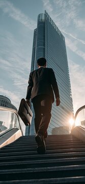 Vietnamese businessman walking toward modern skyscraper. Young businessman ascending stairs with briefcase, heading to tall corporate building