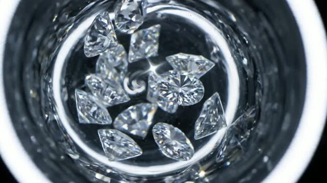 Sparkling loose diamonds rotating in glass container, luxury gemstones close-up macro shot for jewelry industry and wealth concepts