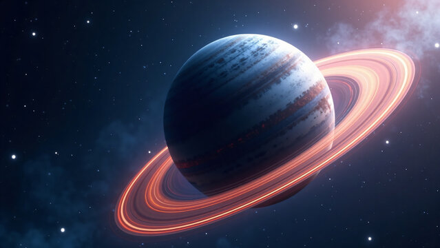 Cosmic Planet with Rings in Blue Star Field