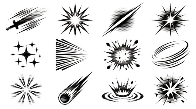 Collection of comic book manga style action sound effects and speed lines design assets.