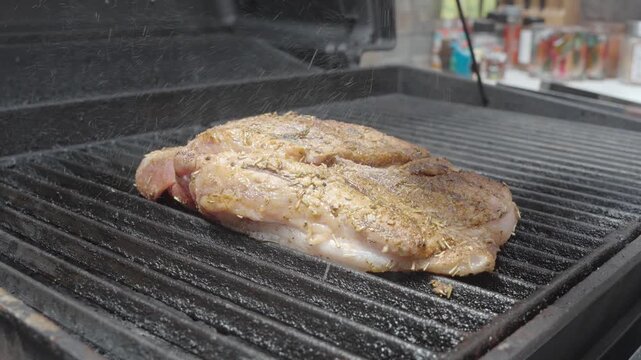 Toma a detalle cocinando cerdo a la barbacoa 