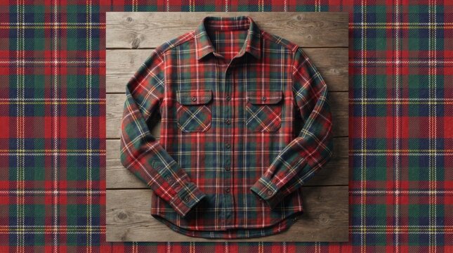 Classic Red Green and Blue Plaid Flannel Shirt Displayed on Rustic Wooden Background