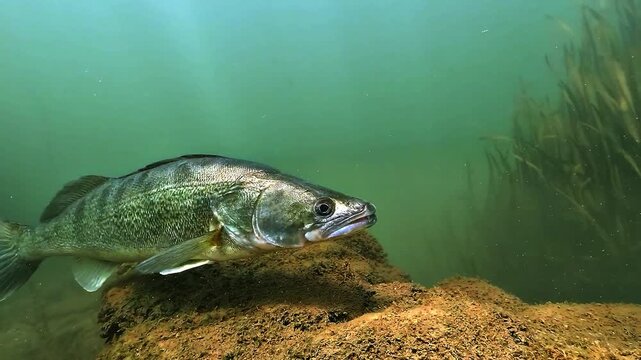 Close three-quarter view of a silver zander, Sander lucioperca, resting on a submerged stone wall, a typical position for this freshwater predator.