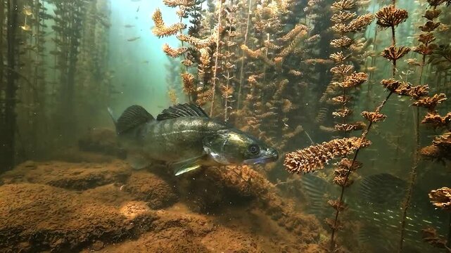 Zander, Sander lucioperca, rests on the lake bottom beside a large northern pike, Esox lucius, showing two freshwater predators sharing the same habitat.