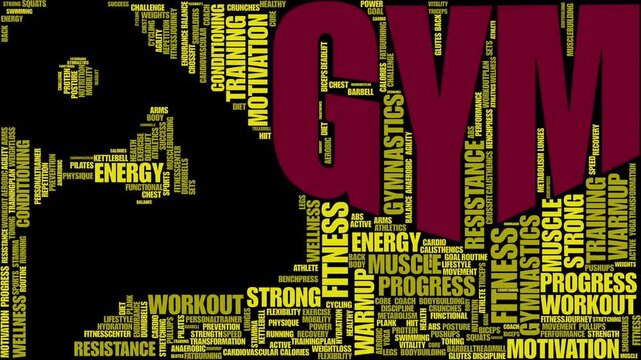 Video of Fitness Tag Cloud with Muscular Arm and &ldquo;GYM&rdquo;