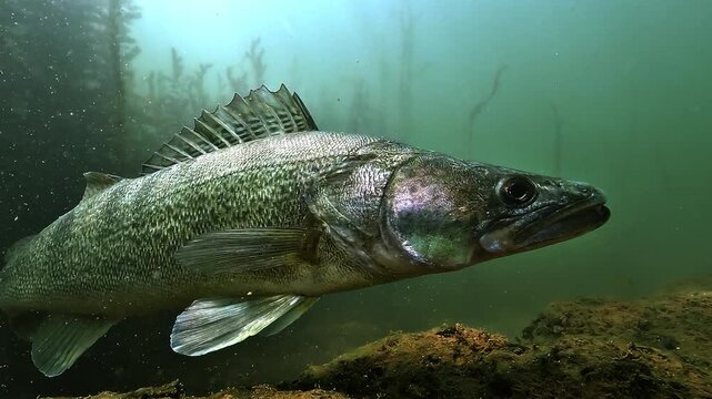 Anatomical close-up of a silver zander, Sander lucioperca, turning above a submerged stone wall, revealing detailed scales and dorsal fins.