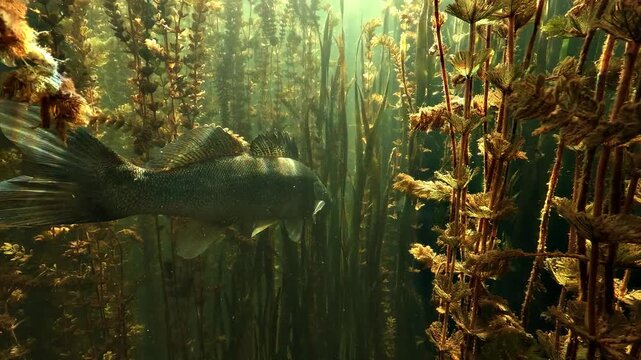 Zander, Sander lucioperca, rests among dense Myriophyllum under sunlight before swimming away to hide in the aquatic vegetation.
