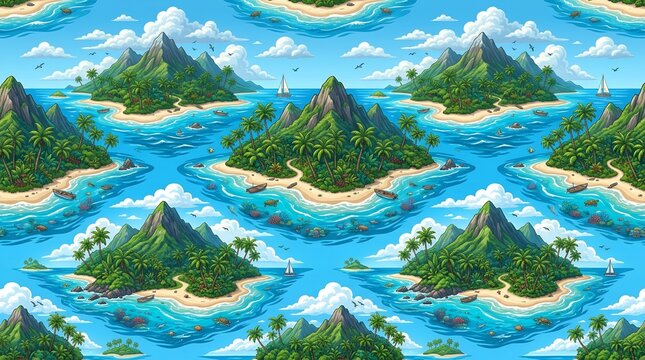 Tropical island vacation seamless pattern with vibrant blue water and lush green scenery.