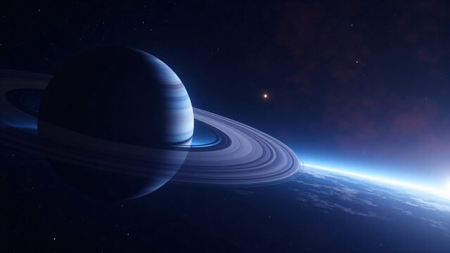 Glowing Planet with Rings in Starry Sky