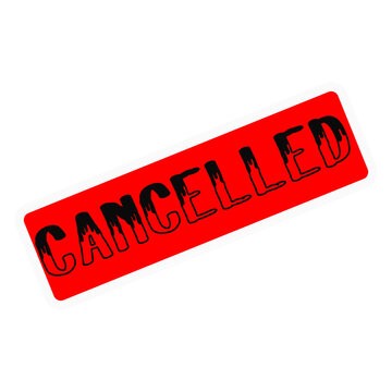 Red cancelled stamp or badge with bold black text