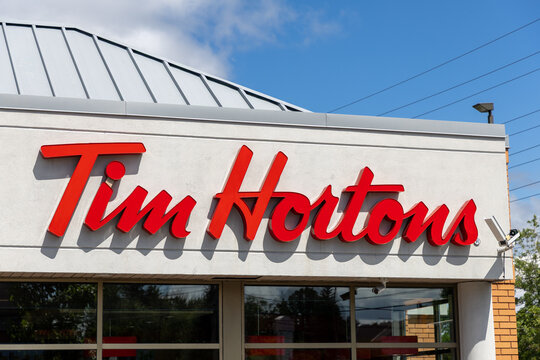 Ottawa, Canada - July 30, 2026: Tim Hortons coffee shop with red sign on building