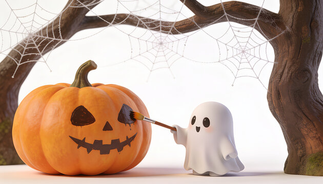 Cute Little Ghost Painting Pumpkin Face Halloween Spooky Decor Painting Jack O Lantern Cute Ghost Crafting Pumpkin Character Painting.