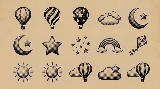 Sky element icon set with hot air balloons stars moon rainbow and weather cloud symbols.