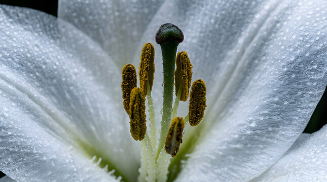 Macro photography of white lily with dew drops | Close-up of yellow pollen on lily stamen | Elegant white flower petals with morning mist | Detailed botanical floral macro shot