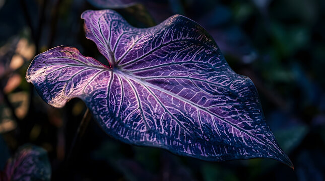 Purple and pink Caladium leaf macro photography | Intricate leaf vein patterns on tropical plant | Exotic dark moody botanical background | Heart shaped leaf with vibrant purple veins