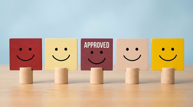 Colorful wooden blocks with smiley faces and approved text