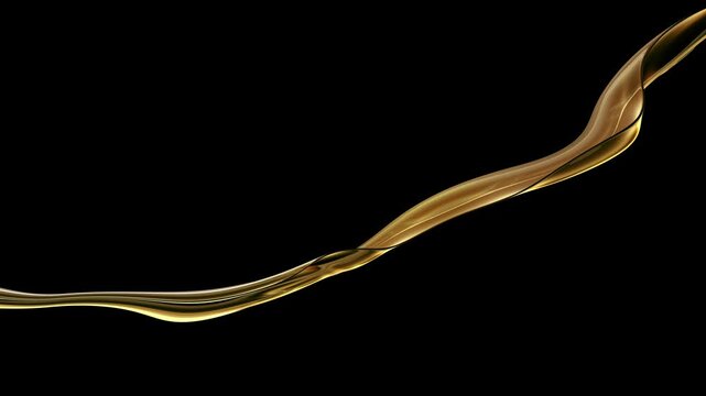 Golden liquid oil flow or slow motion amber fluid splash isolated on pure black background, 3d render of pouring car engine lubricant fuel or organic cosmetic honey essence serum stream loop