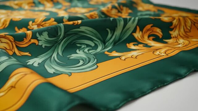 Close-up of green and gold baroque pattern silk scarf. Luxury fashion fabric texture and elegant design. Premium textile background