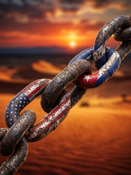 a closeup of a rusty metal chain connecting links with flags of the usa and cuba the chain is stretched over the desert at sunset symbolizing a bond conflict or blockade.