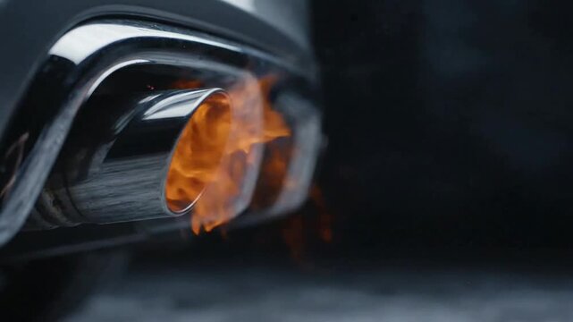 High-performance car exhaust backfire and flame burst from sports car tailpipe, powerful engine acceleration and automotive tuning concept
