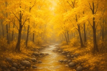 Fototapeta premium Golden autumn forest stream serenity background