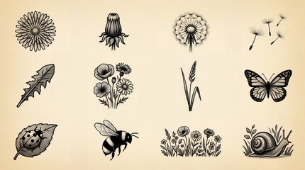Obraz premium Meadow flora and insect wildlife illustrations featuring dandelion plants and butterflies.